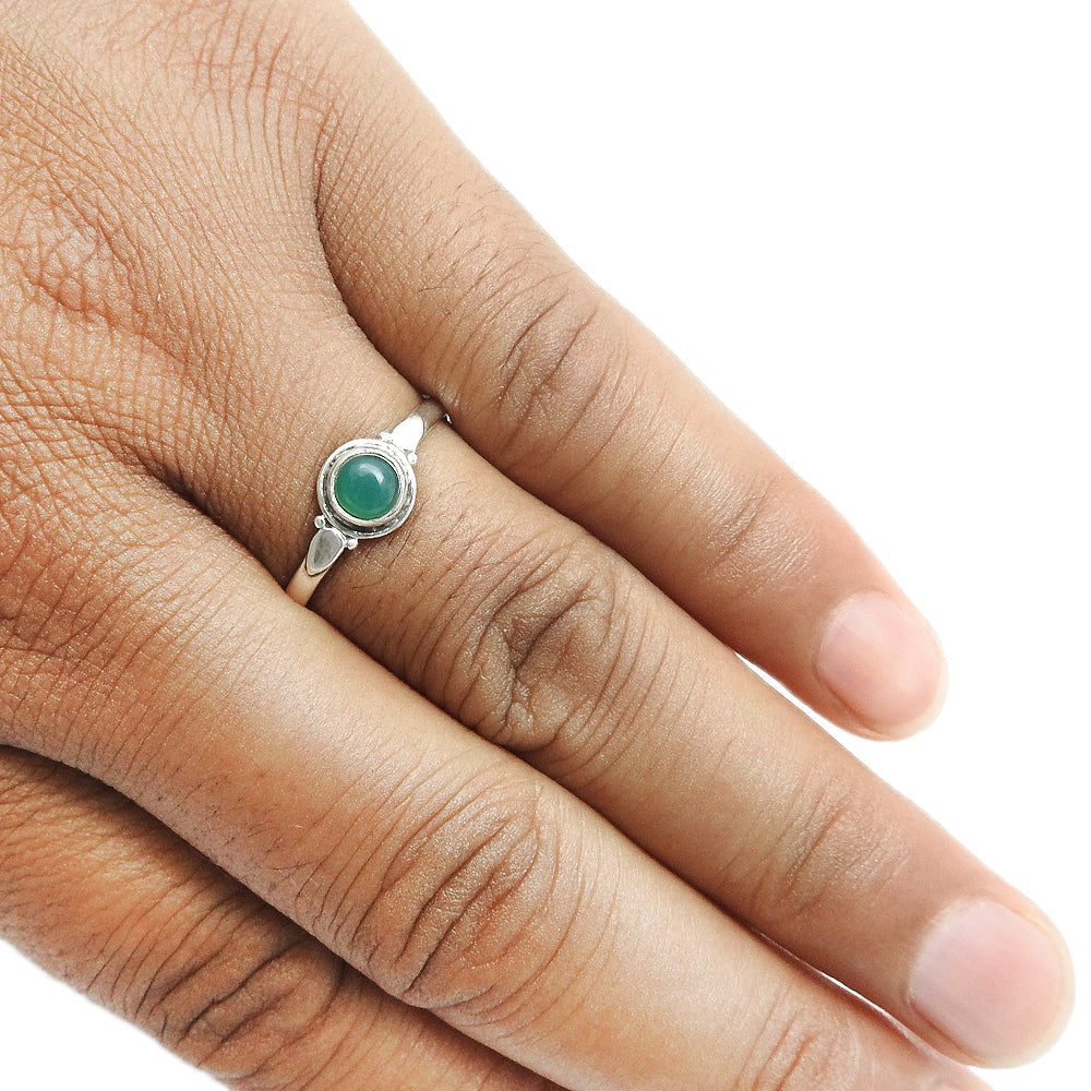 Round Green Onyx Gemstone Solid Silver Bezel Band Art Deco Wedding Ring