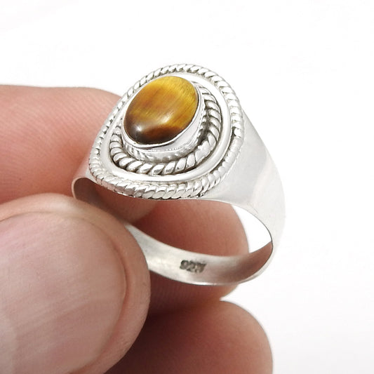 Sacral Chakra Tiger Eye Stone 925 Silver Ethnic Cocktail Ring