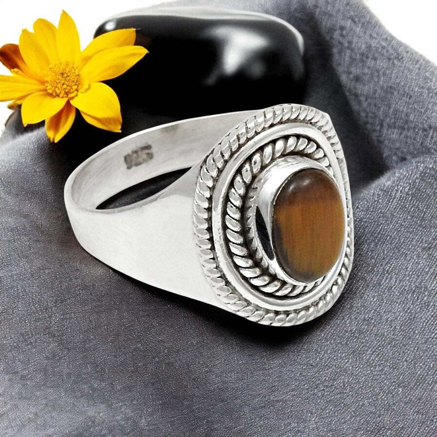 Sacral Chakra Tiger Eye Stone 925 Silver Ethnic Cocktail Ring