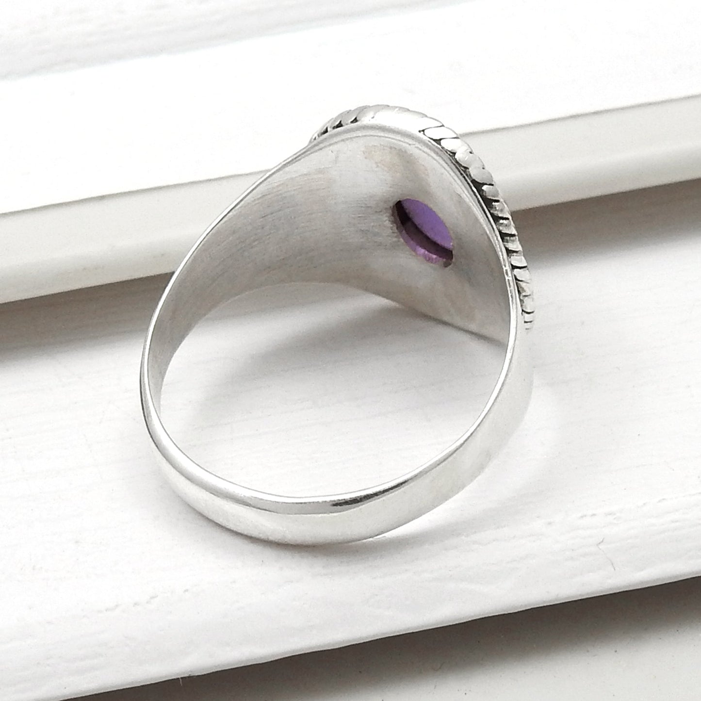 Oval Amethyst Stone Solid Silver February Birth Cocktail Bezel Ring Jewelry