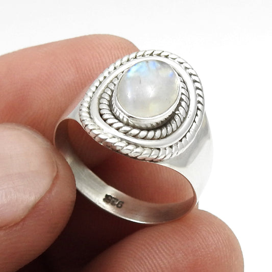 Rainbow Moonstone 925 Solid Silver Bezel Cocktail Ethnic Ring
