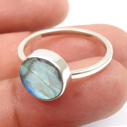 Round Natural Labradorite Sterling Silver Daughter Statement Bezel Ring