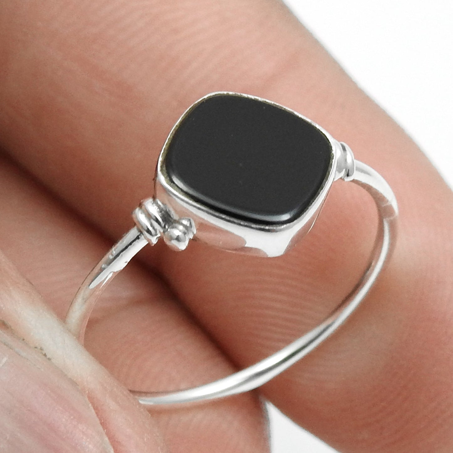 Square Black Onyx Stone Solid Sterling Silver Mother Band Promise Ring