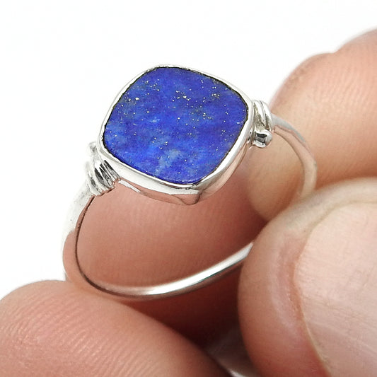 Square Natural Lapis Lazuli Boho Band Bezel Birthday Ring Solid Silver