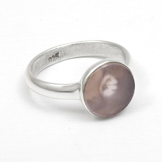 Round Rose Quartz Stone 925 Solid Silver Bezel Band Ring Jewelry