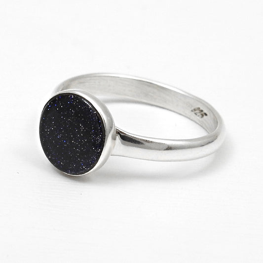 Round Natural Blue Sunstone 925 Silver Bezel Band Ring
