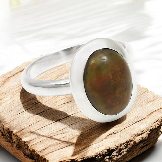 Oval Black Opal Gemstone Solid Sterling Silver Boho Statement Promise Band Ring