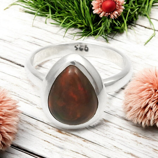 Pear Black Opal Stone 925 Silver Elegant Christmas Gift Band Bezel Wife Ring Jewelry