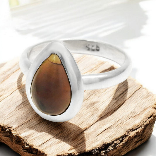 Pear Black Opal Gemstone Solid Silver Statement Bezel Cocktail Boho Ring Jewelry
