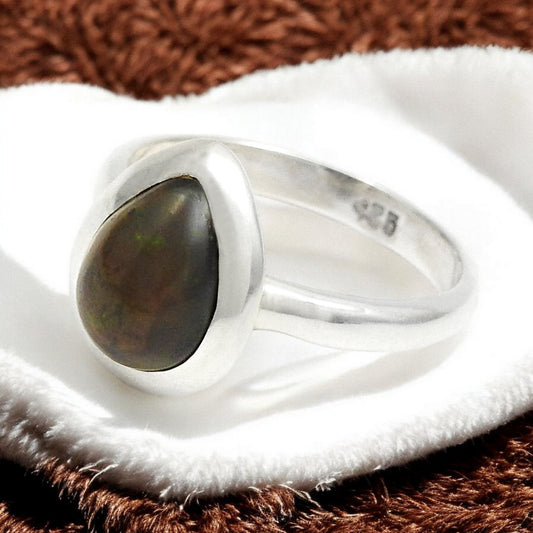 Pear Natural Black Opal Solid Sterling Silver Band Anniversary Boho Artisan Ring