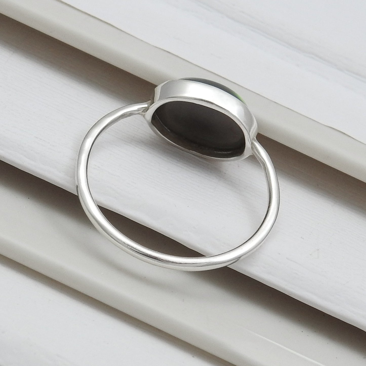 Natural Black Opal Promise Wedding Bezel Unique Band Ring Sterling Silver