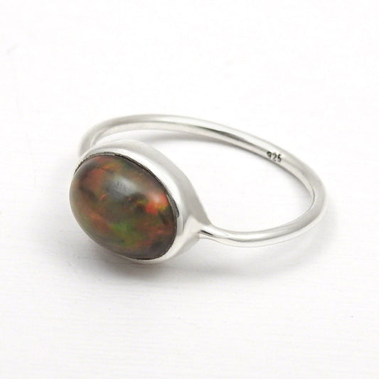 Oval Black Opal Gemstone 925 Silver Band Engagement Bezel Ring Jewelry
