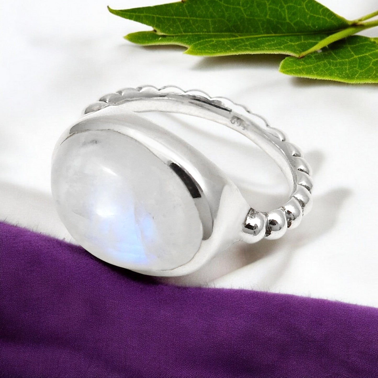 High Quality Natural Rainbow Moonstone 925 Sterling Silver Bezel Cocktail Ring