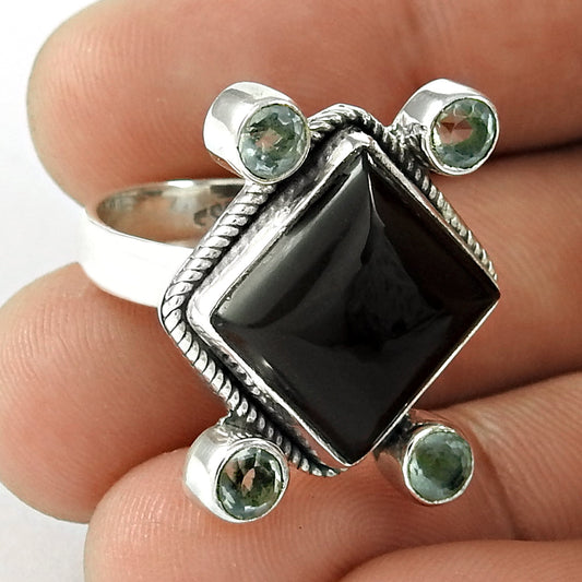 Black Onyx Blue Topaz Gemstone Ring 925 Sterling Silver Vintage Look Jewelry