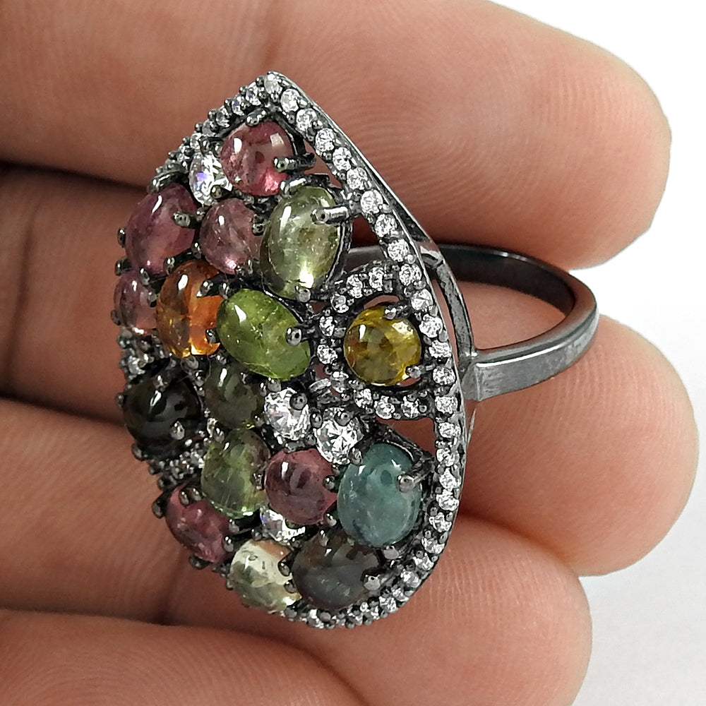 Tourmaline CZ Gemstone Ring 925 Sterling Silver Tribal Jewelry