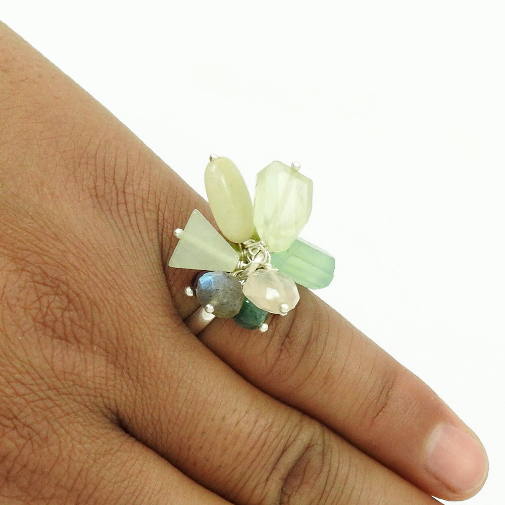 Rose Quartz Garnet Prehnite Green Jade Peridot Labradorite Gemstone Ring 925 Sterling Silver Traditional Jewelry