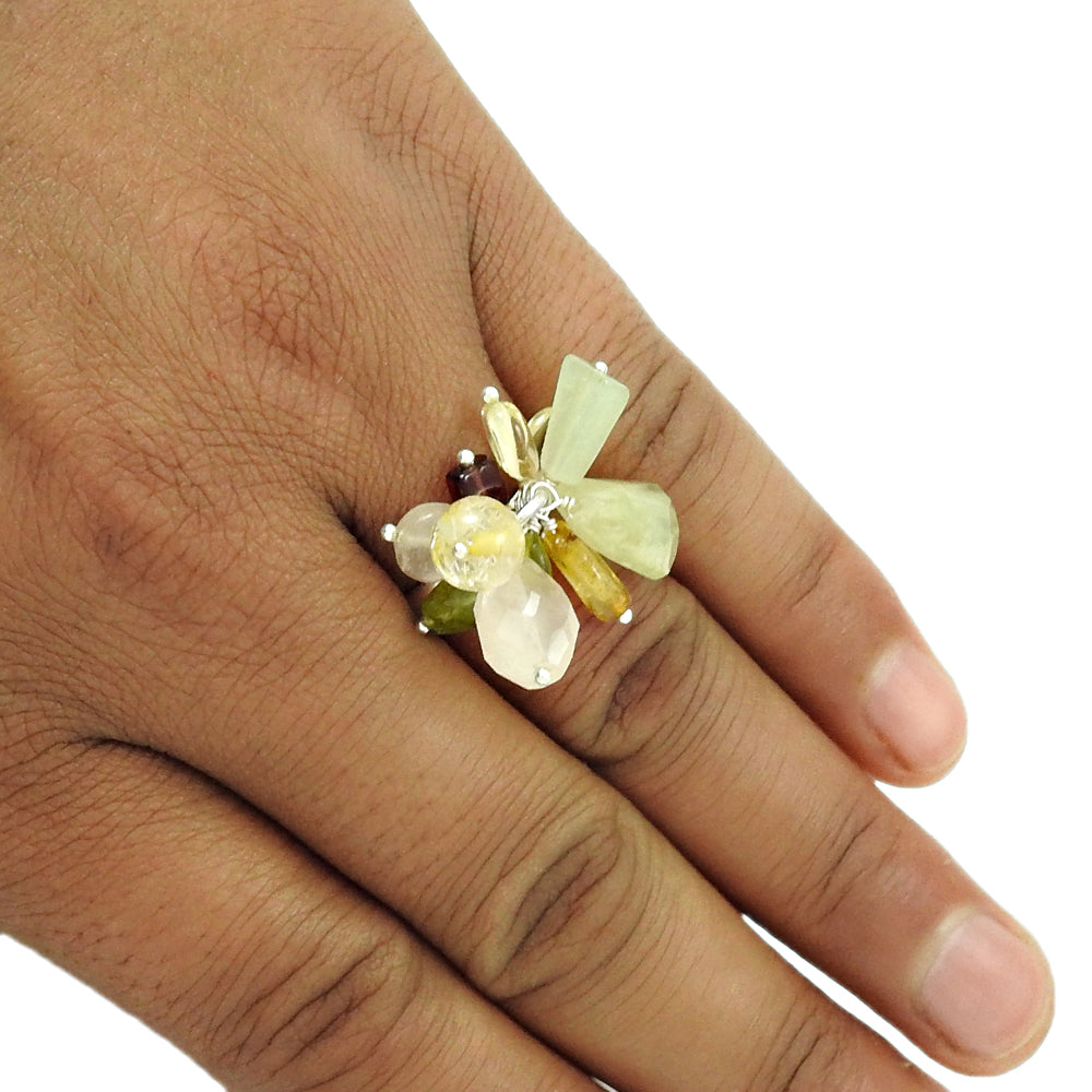 Natural Rose Quartz Gemstone Beaded Pink Ring 925 Sterling Silver D22