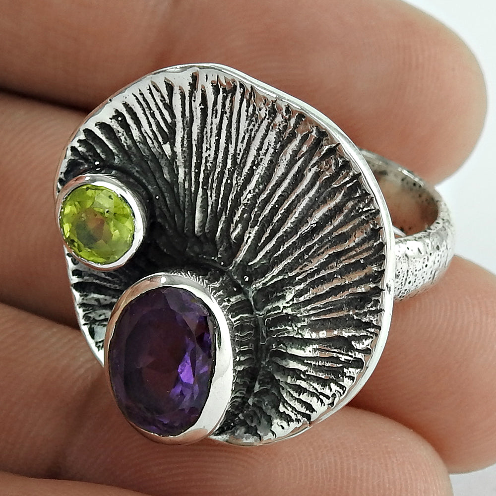Peridot Amethyst Gemstone 925 Solid Silver Wedding Gift Statement Ring