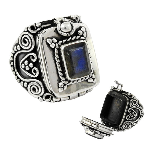Natural Labradorite Gemstone Poison Ring 925 Silver Gorgeous Jewelry C2