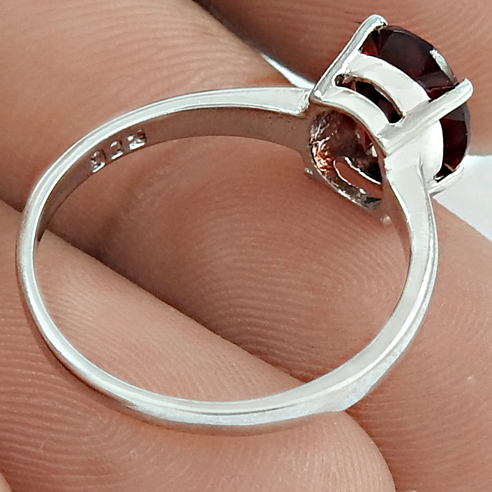 Natural Garnet 925 Silver Solitaire Rhodium Plated Ring For Women O23