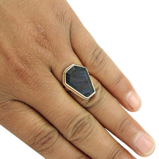 Gift For Woman 925 Silver Natural Labradorite Statement Coffin Ring U28