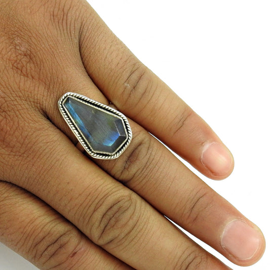 Gift For Woman Natural Labradorite Solitaire Coffin Ring 925 Silver V24