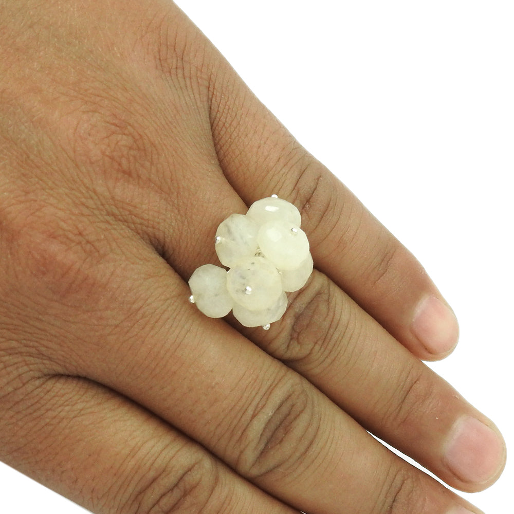 Natural Rainbow Moonstone Gemstone Beaded Ring 925 Sterling Silver D25