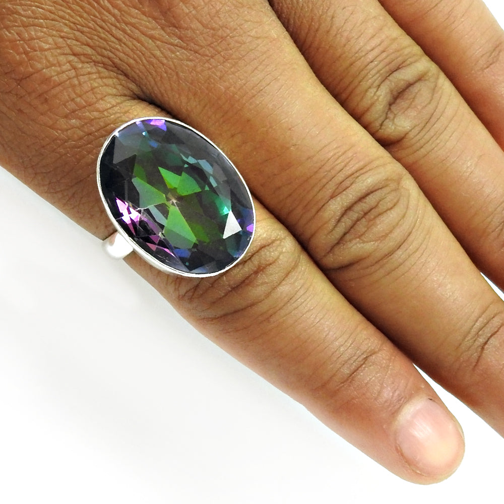 Natural Mystic Topaz Solitaire Ethnic Ring 925 Silver For Women E25