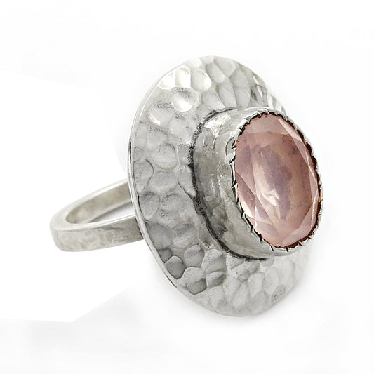 Natural Faceted Rose Quartz Ethnic Ring 925 Silver For Girls