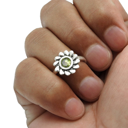 Natural Peridot Gemstone Cocktail Flower Green Ring 925 Silver H24