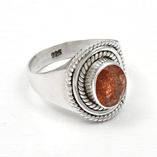 Natural Sun Stone 925 Solid Silver Women Gift Cocktail Ring