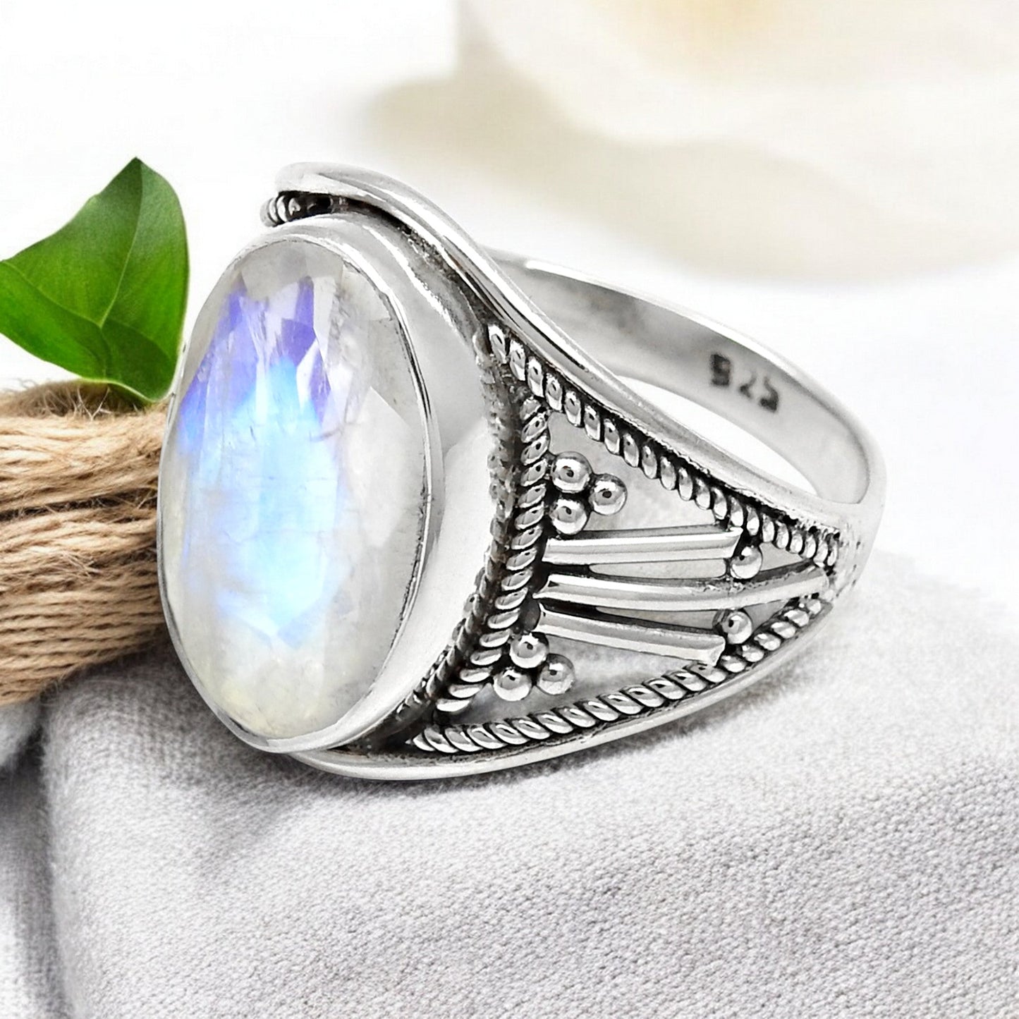 Rainbow Moonstone Bezel Cocktail Ring Jewelry 925 Sterling Silver