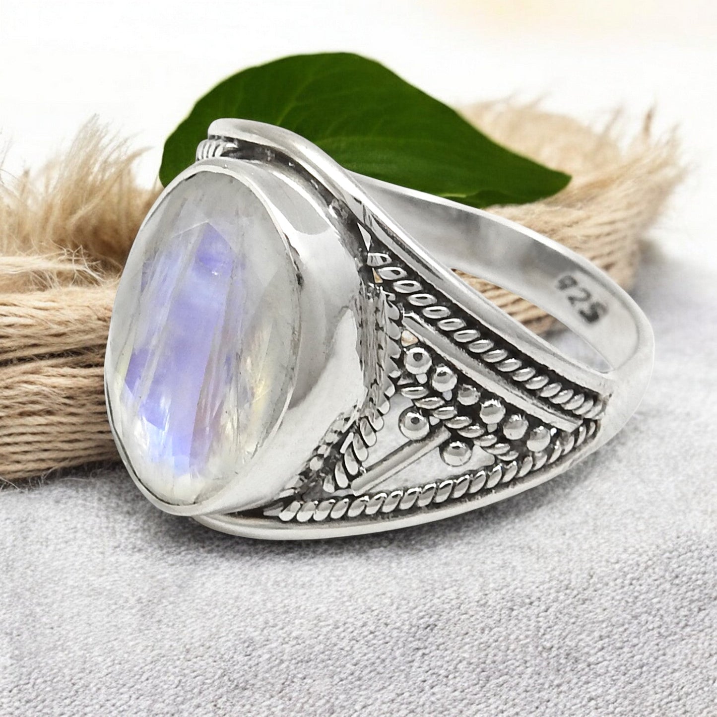 Oval Rainbow Moonstone Solid 925 Silver Crown Chakra Ring Size 7
