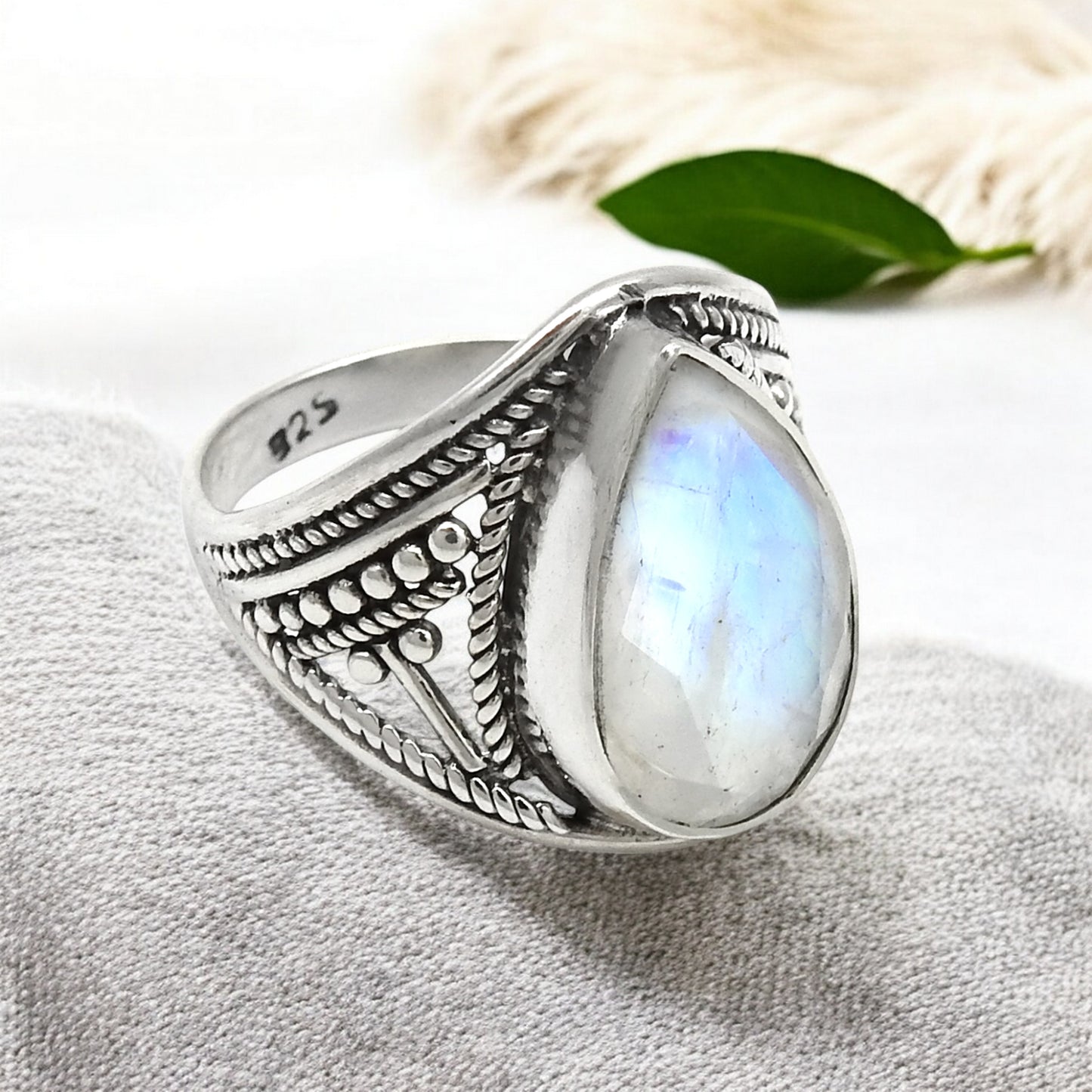 AAA Quality Natural Rainbow Moonstone 925 Sterling Silver Cocktail Ring Size 6.5