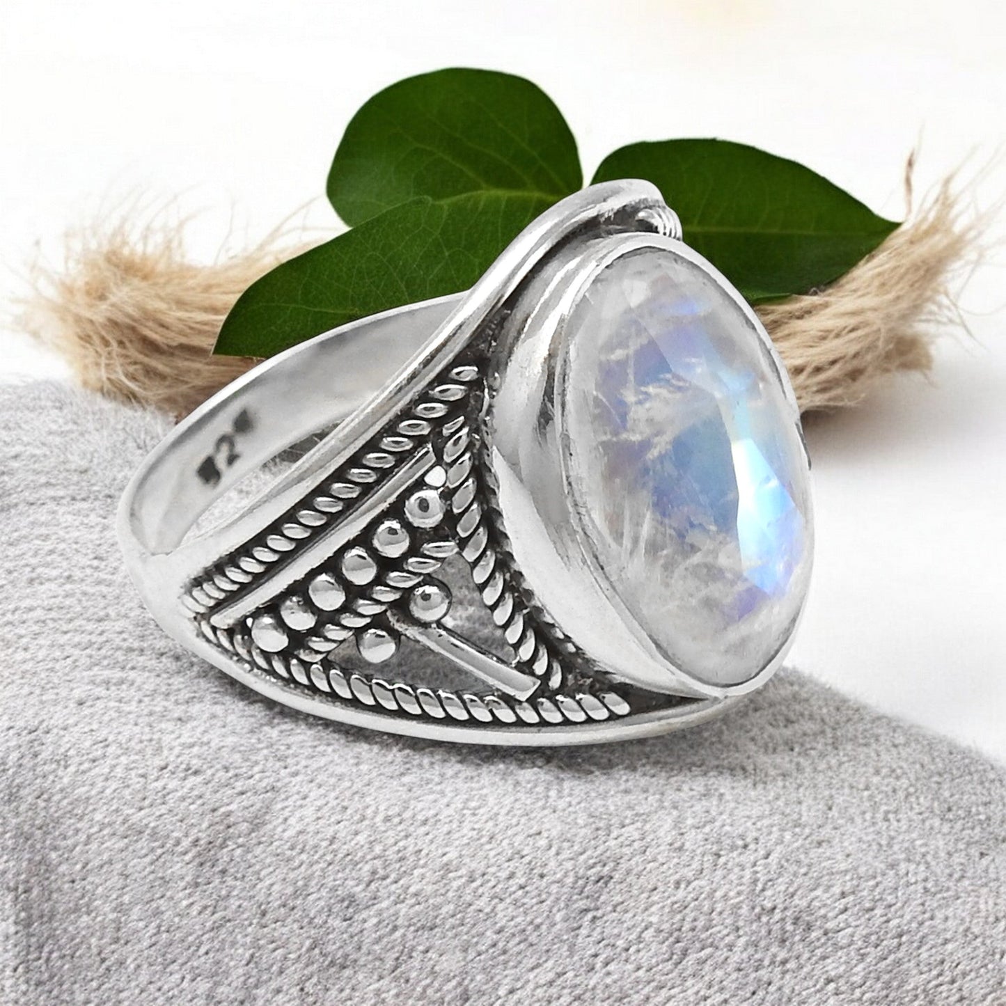 Rainbow Moonstone Sterling Silver Bezel Cocktail Boho Ring Size 6.5