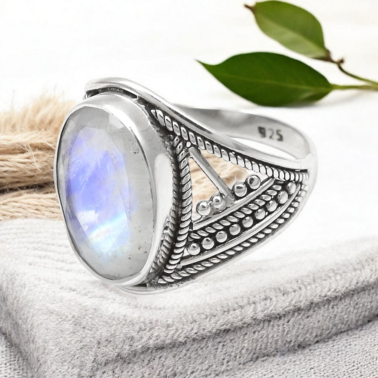 Solid 925 Sterling Silver Oval Shape Rainbow Moonstone Cocktail Ring Size 8.5