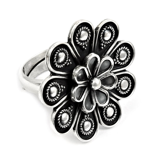 Indian Artisan 925 Solid Sterling Silver Statement Flower Ring