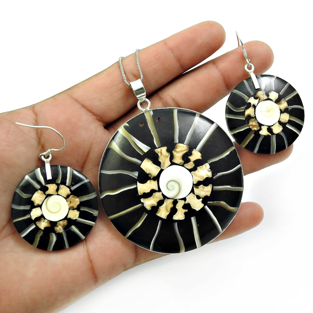 925 Silver Natural Shiva Eye Shell Earrings Pendant Set