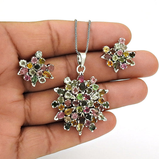 Natural Tourmaline Gemstone 925 Silver Earrings Pendant Set