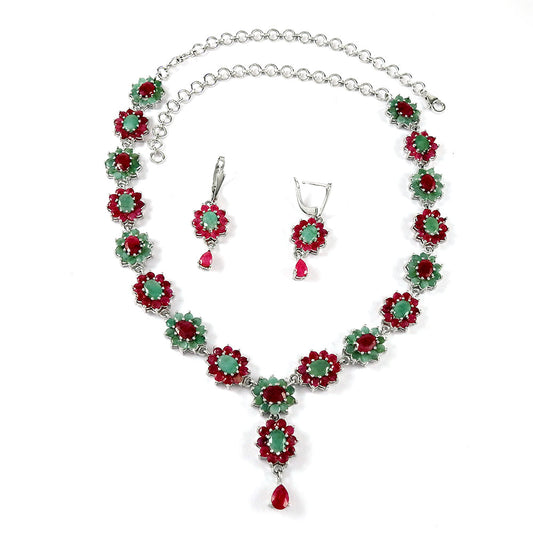 Natural Ruby Emerald 925 Sterling Silver Earrings Necklace Set