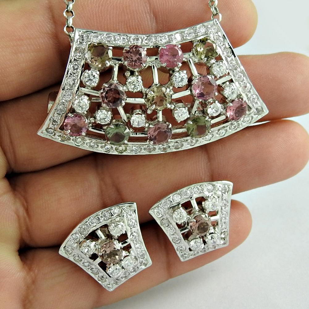 Wedding Jewelry Set Natural Tourmaline White CZ Silver Earrings Pendant