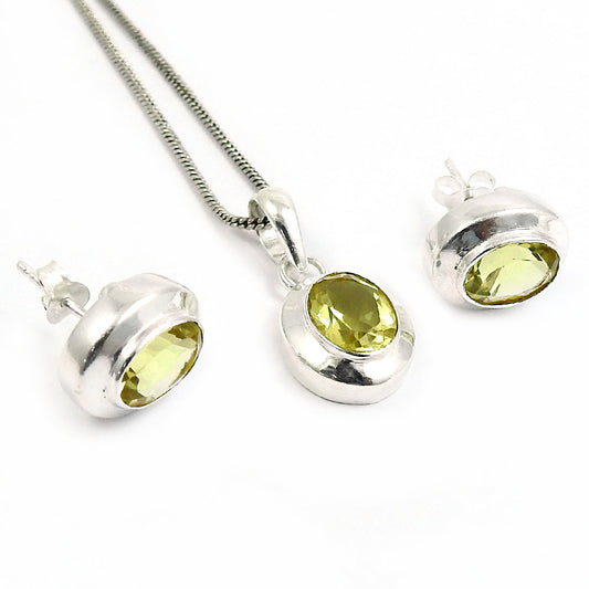 Natural Lemon Topaz Gemstone 925 Silver Earrings Pendant Set