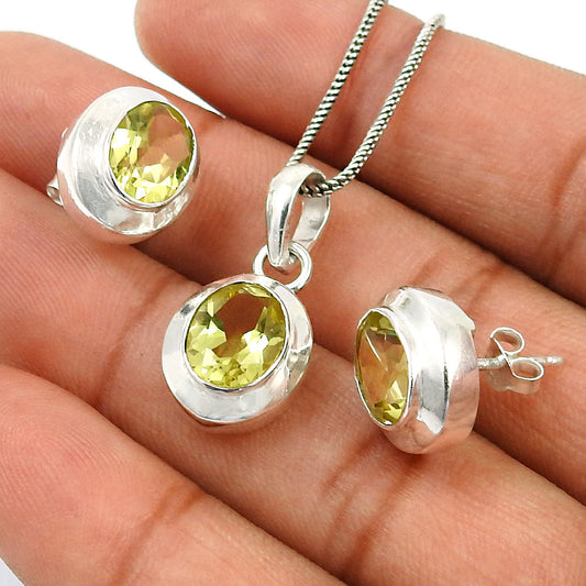 Natural Lemon Topaz Gemstone 925 Silver Earrings Pendant Set