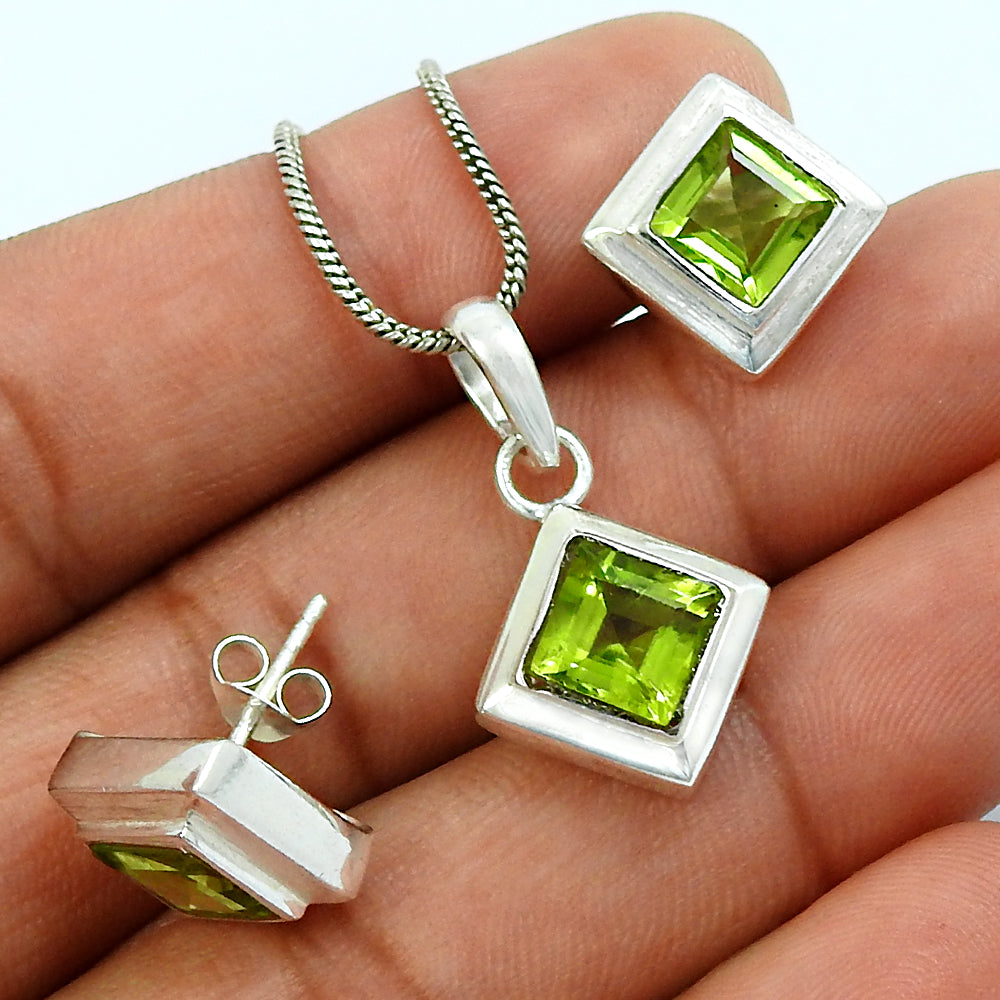 Natural Peridot Gemstone 925 Silver Earrings Pendant Set