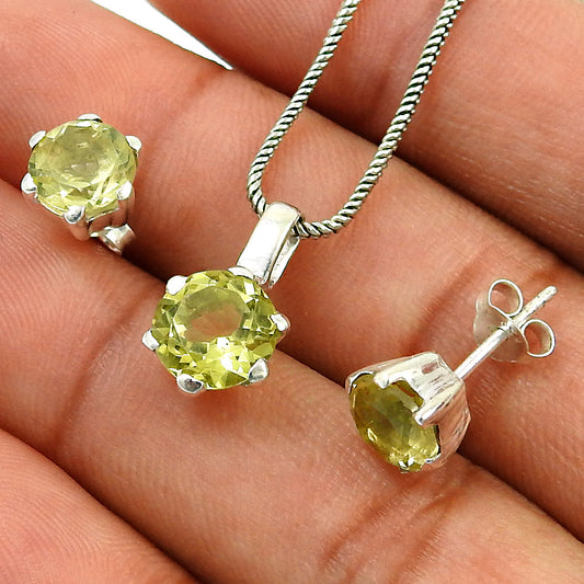 Natural Lemon Topaz 925 Silver Earrings Pendant Set