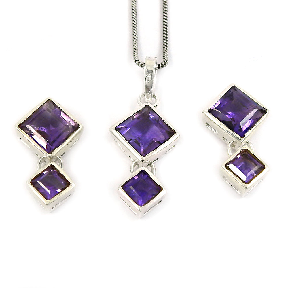 Natural Amethyst Gemstone Sterling Silver Earrings Pendant Set