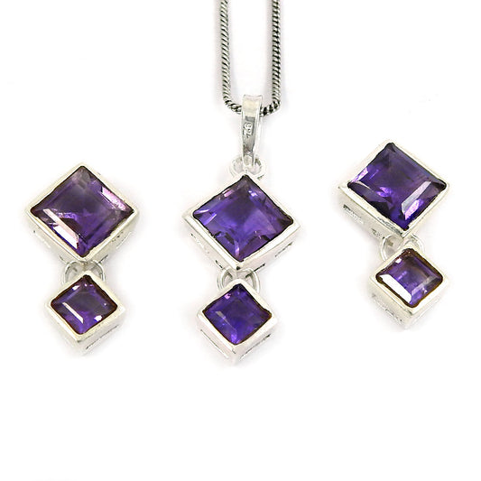 Natural Amethyst Gemstone Sterling Silver Earrings Pendant Set