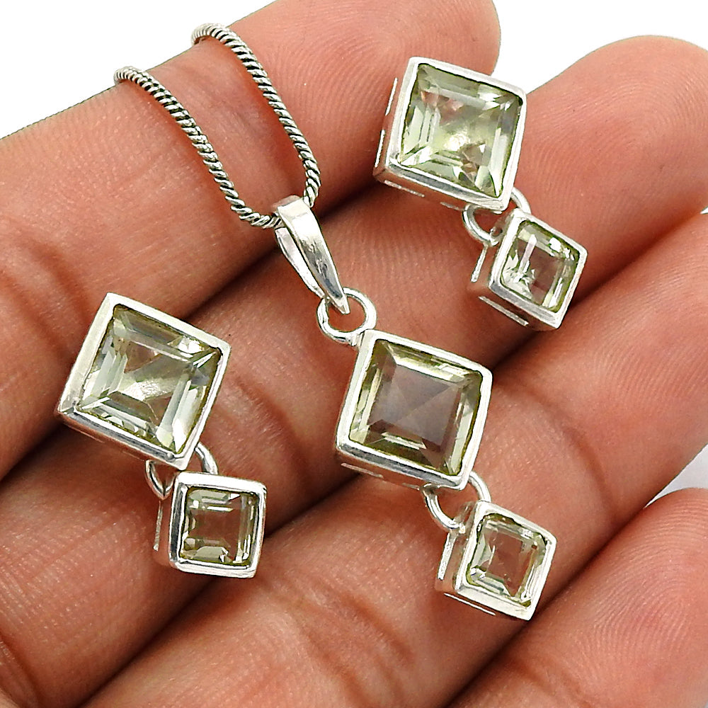 Natural Green Amethyst 925 Sterling Silver Earrings Pendant Set