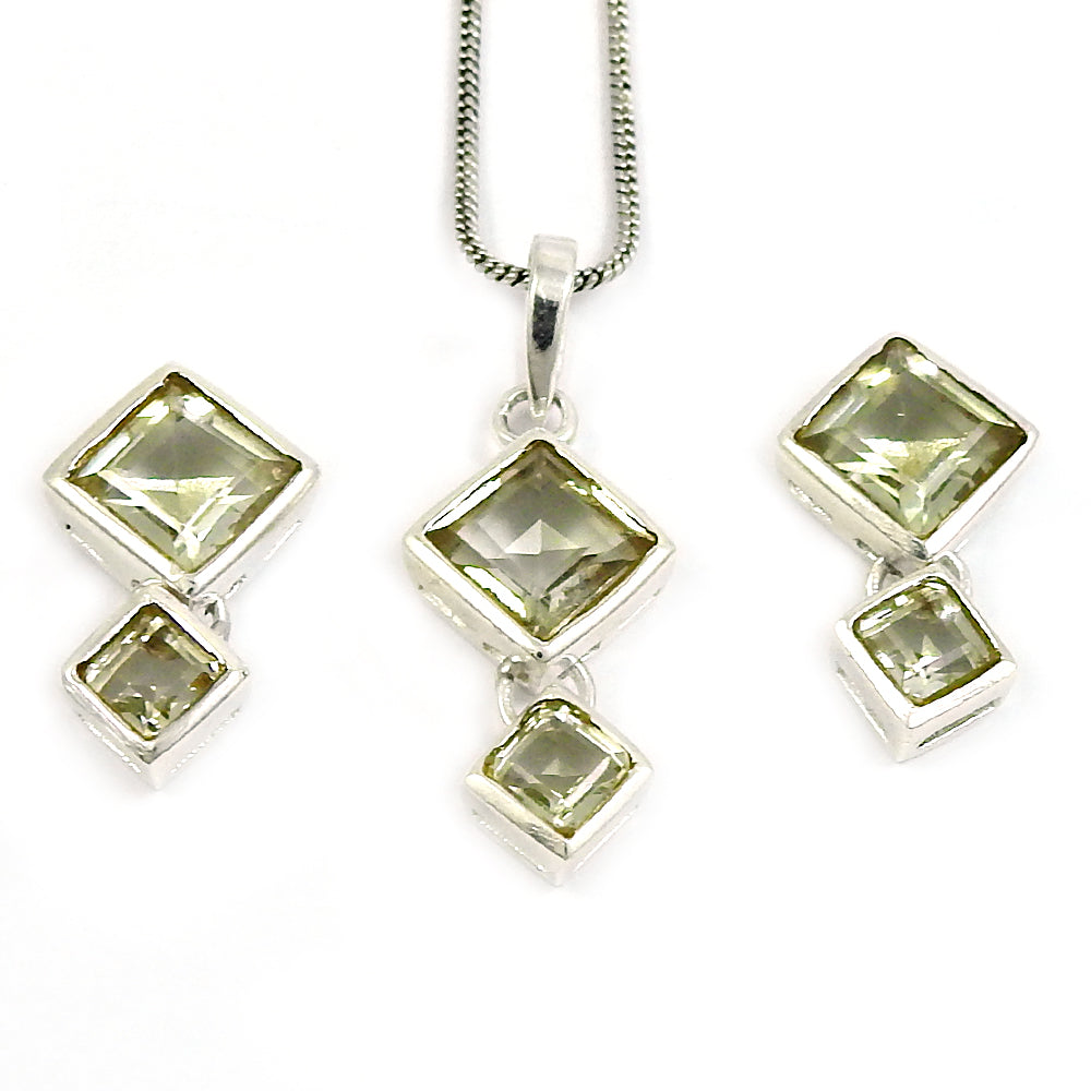 Natural Green Amethyst 925 Sterling Silver Earrings Pendant Set