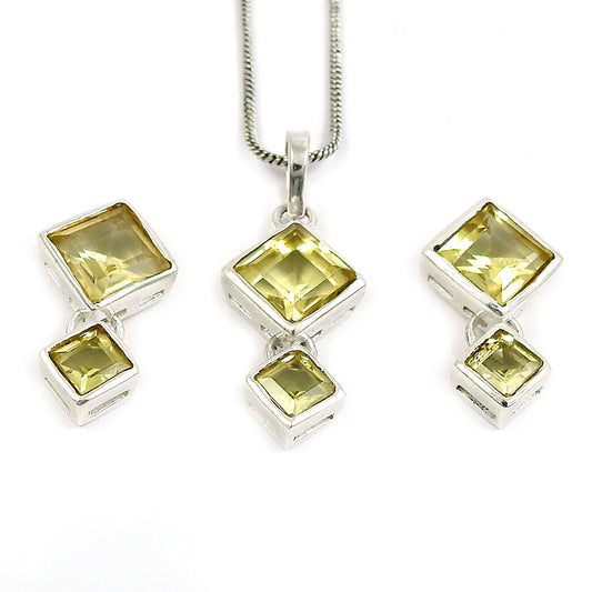 Natural Lemon Topaz Earrings Pendant 925 Silver Jewelry Set